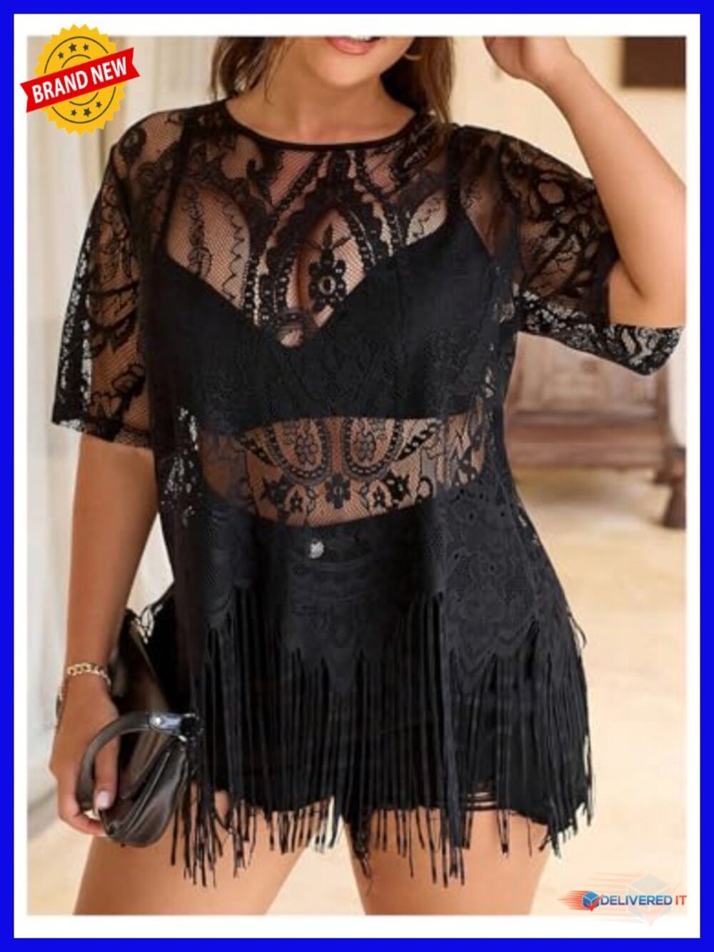Plus Size Boho Fringe Top Lace Mesh Sheer Short Sleeve Tassel T-Shirt Going Out - Picture 4 of 4